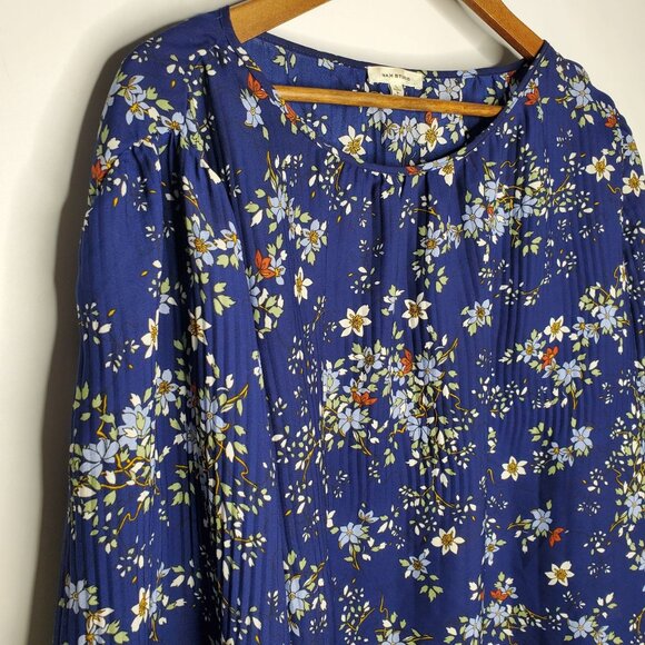 Max Studio Womens Blue Floral Polka Dot Print Crinkle Blouse Size L Flowy Career - Picture 3 of 10